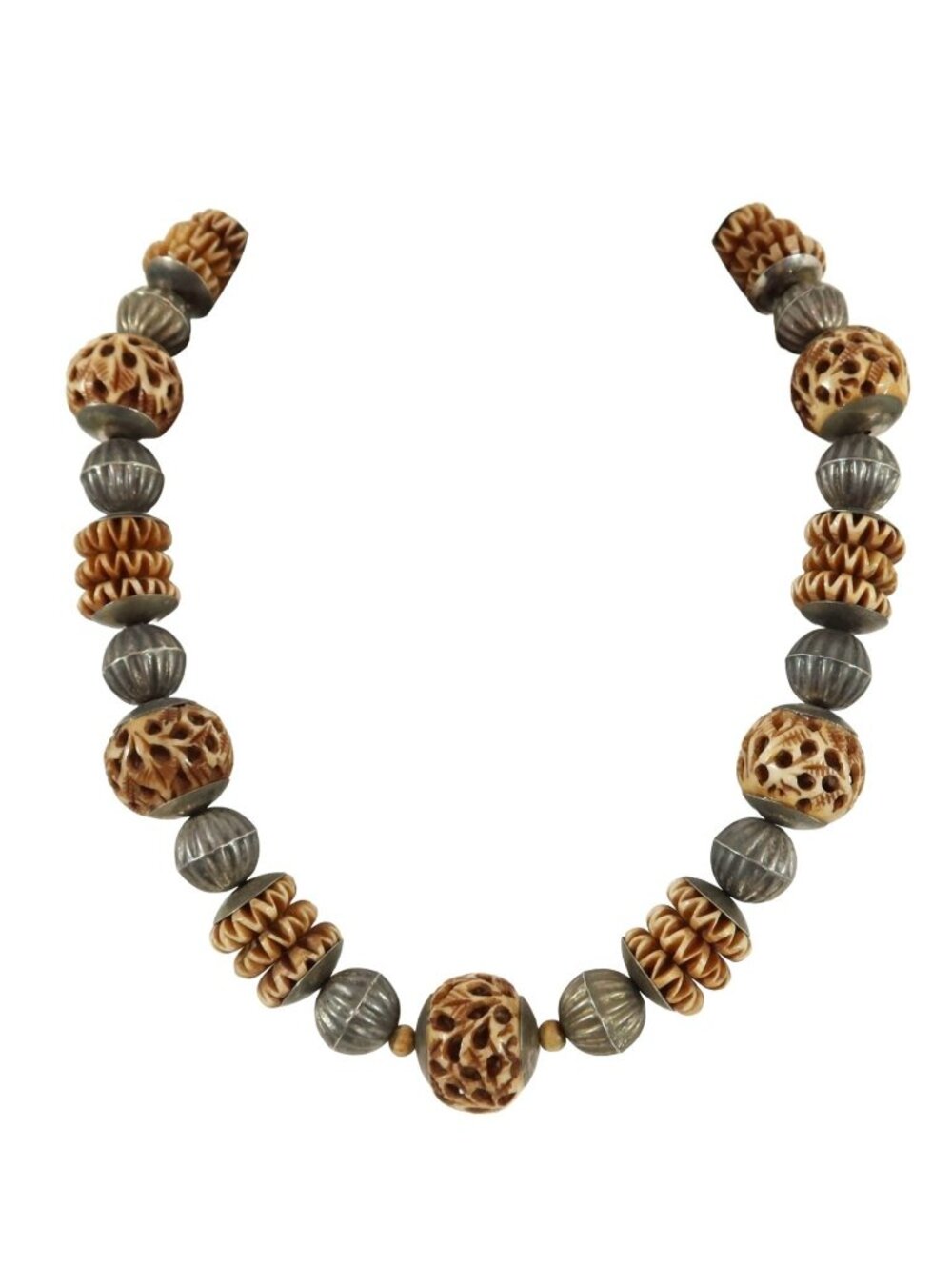 Vintage Boho Chunky Carved & Metal Beaded 21" Necklace